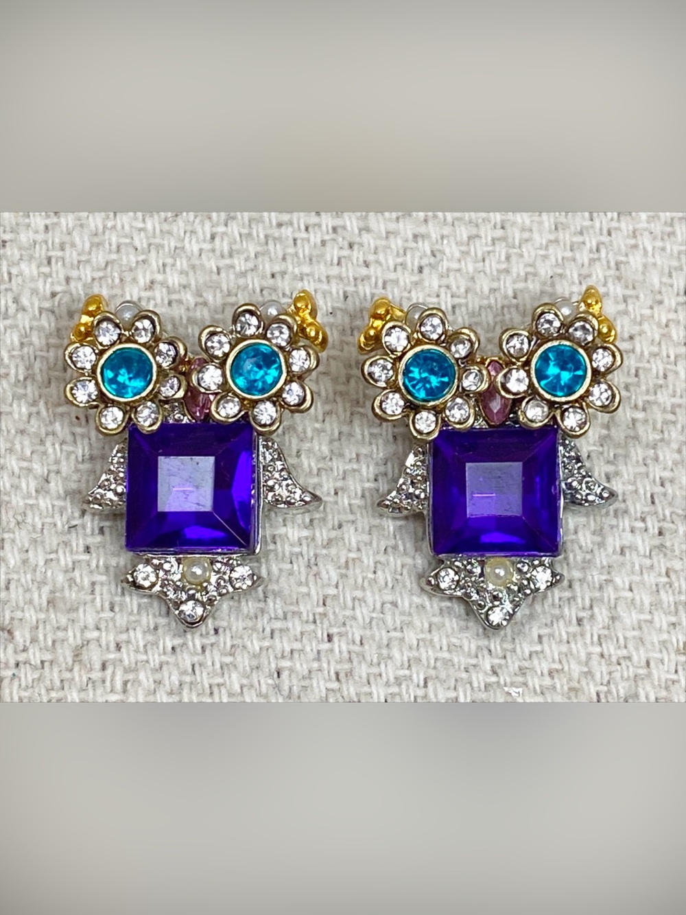 Betsey Johnson Purple & Teal crystal  gold tone owl earrings